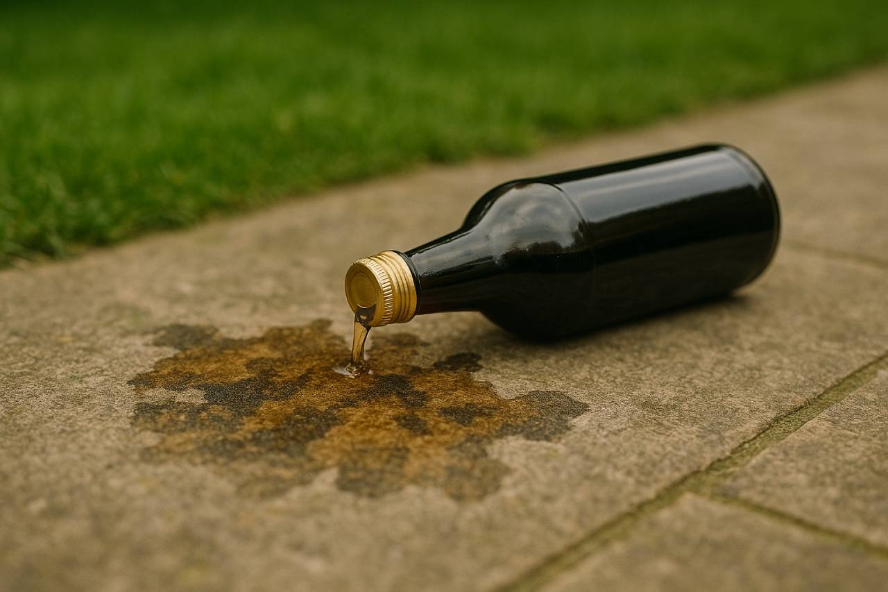 Разлята бутилка с оцет на тротоар, от която се стича течност и оставя тъмно петно върху каменната настилка.